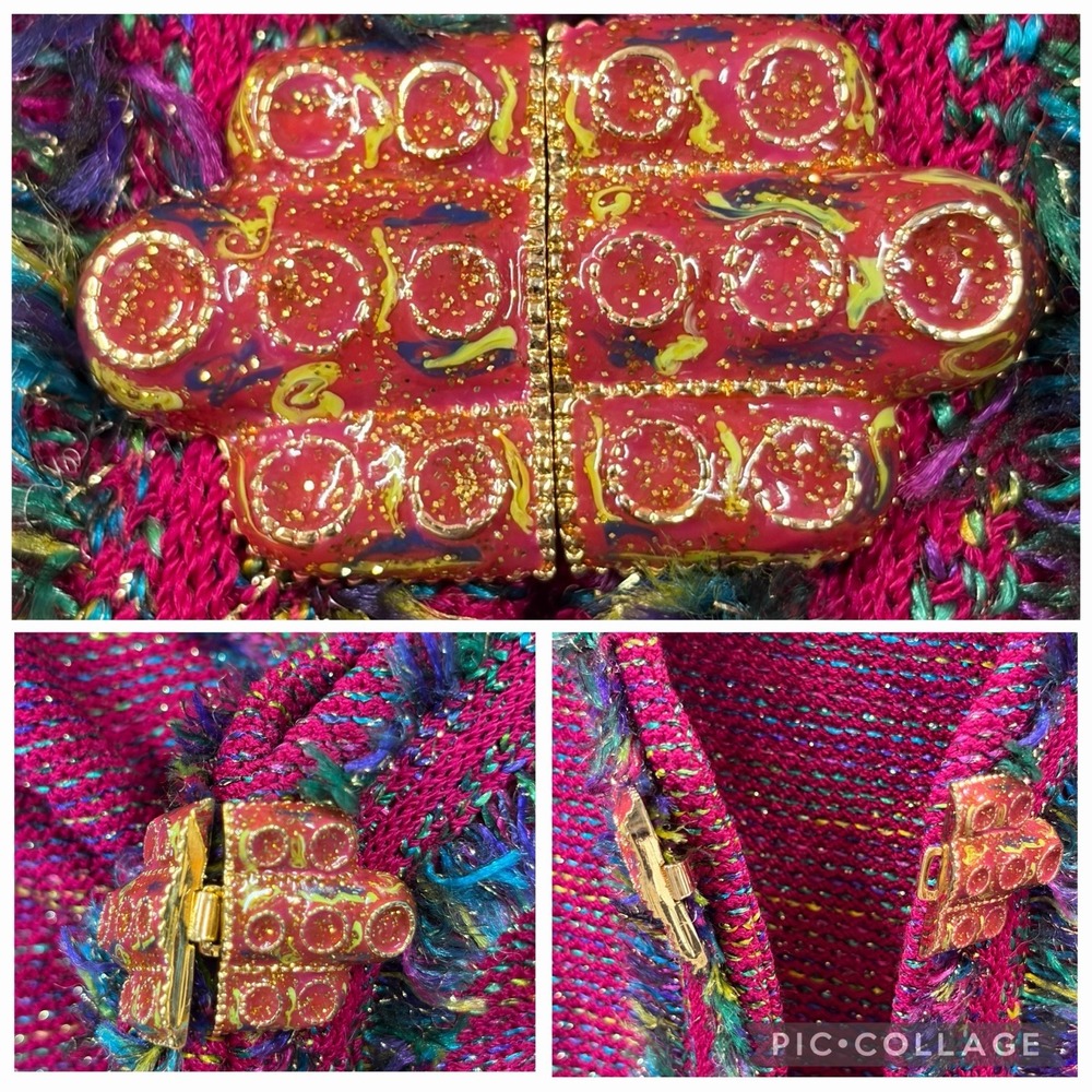 ST. JOHN Womens Suit 10 Jacket 12 Skirt Fuchsia Pink Metallic Shimmer Gold Clasp - Picture 6 of 16